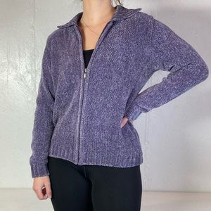 Purple Chenille Knit Vintage 80s Full Zip Cardigan Sweater